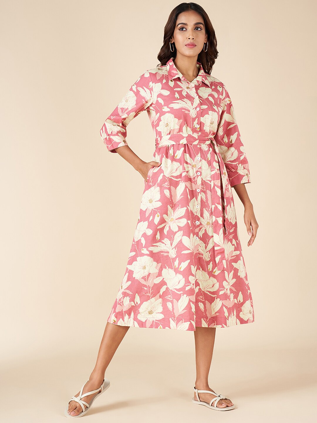 

AKKRITI BY PANTALOONS Floral Print Shirt Collar Tie-Ups Shirt Midi Dress, Pink