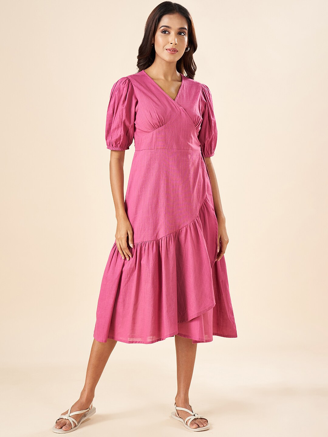 

AKKRITI BY PANTALOONS V-Neck Puff Sleeve Cotton A-Line Midi Dress, Pink