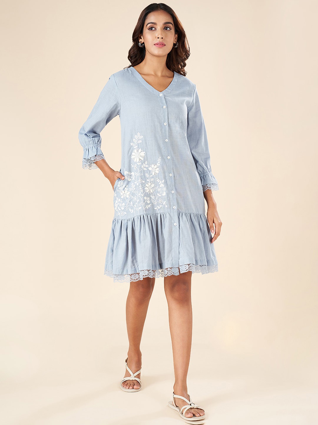 

AKKRITI BY PANTALOONS Floral Embroidered V-Neck Cotton Drop-Waist Dress, Blue