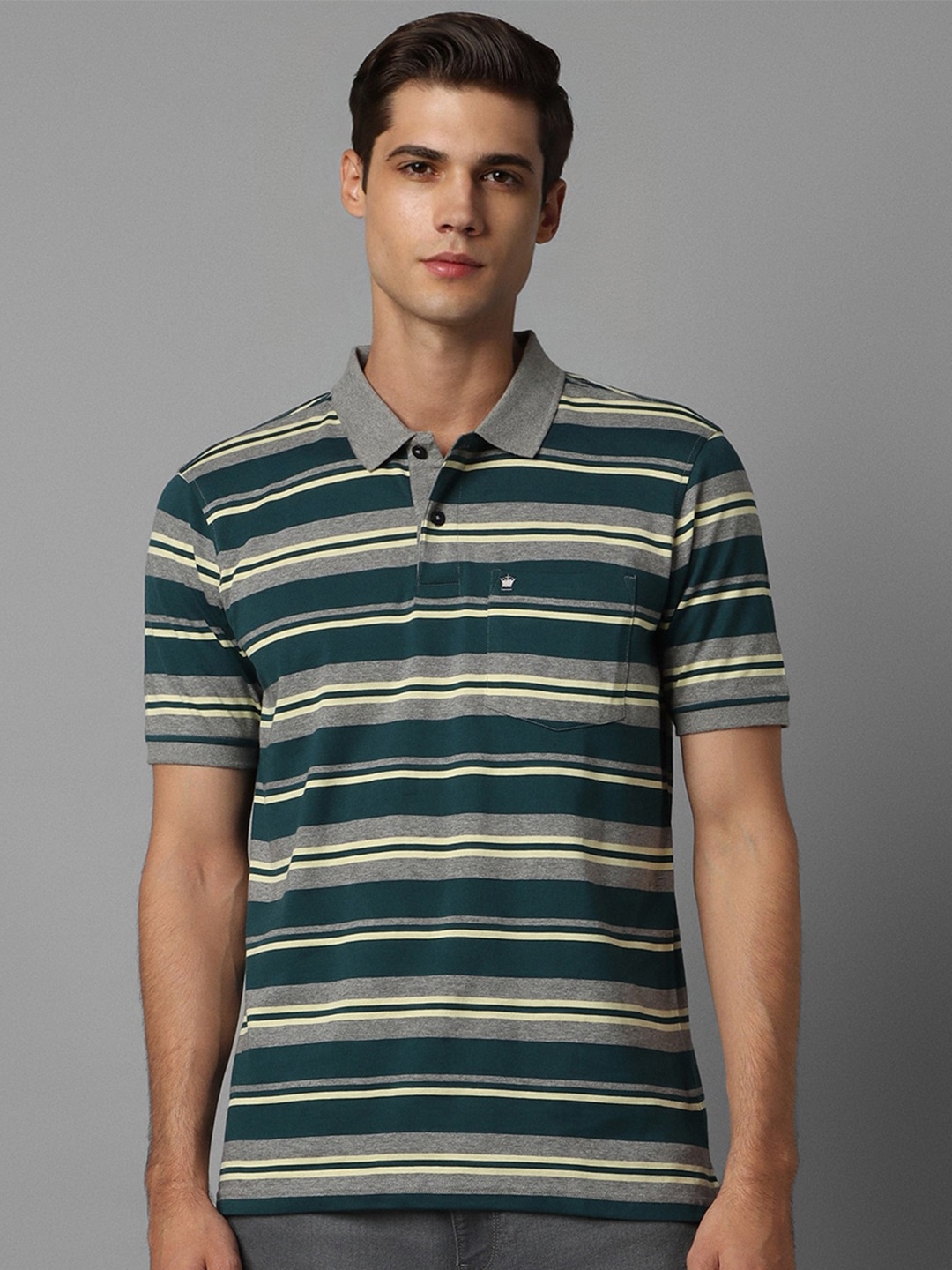 

Louis Philippe Striped Polo Collar Cotton T-shirt, Green