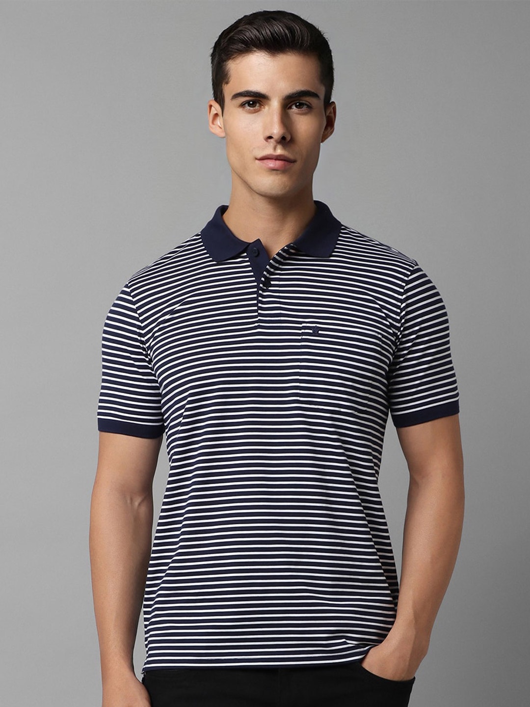 

Louis Philippe Striped Polo Collar Cotton T-shirt, Navy blue