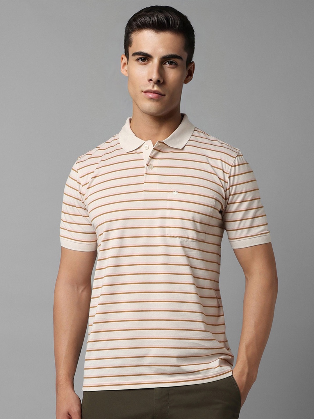 

Louis Philippe Striped Polo Collar Cotton T-shirt, Beige
