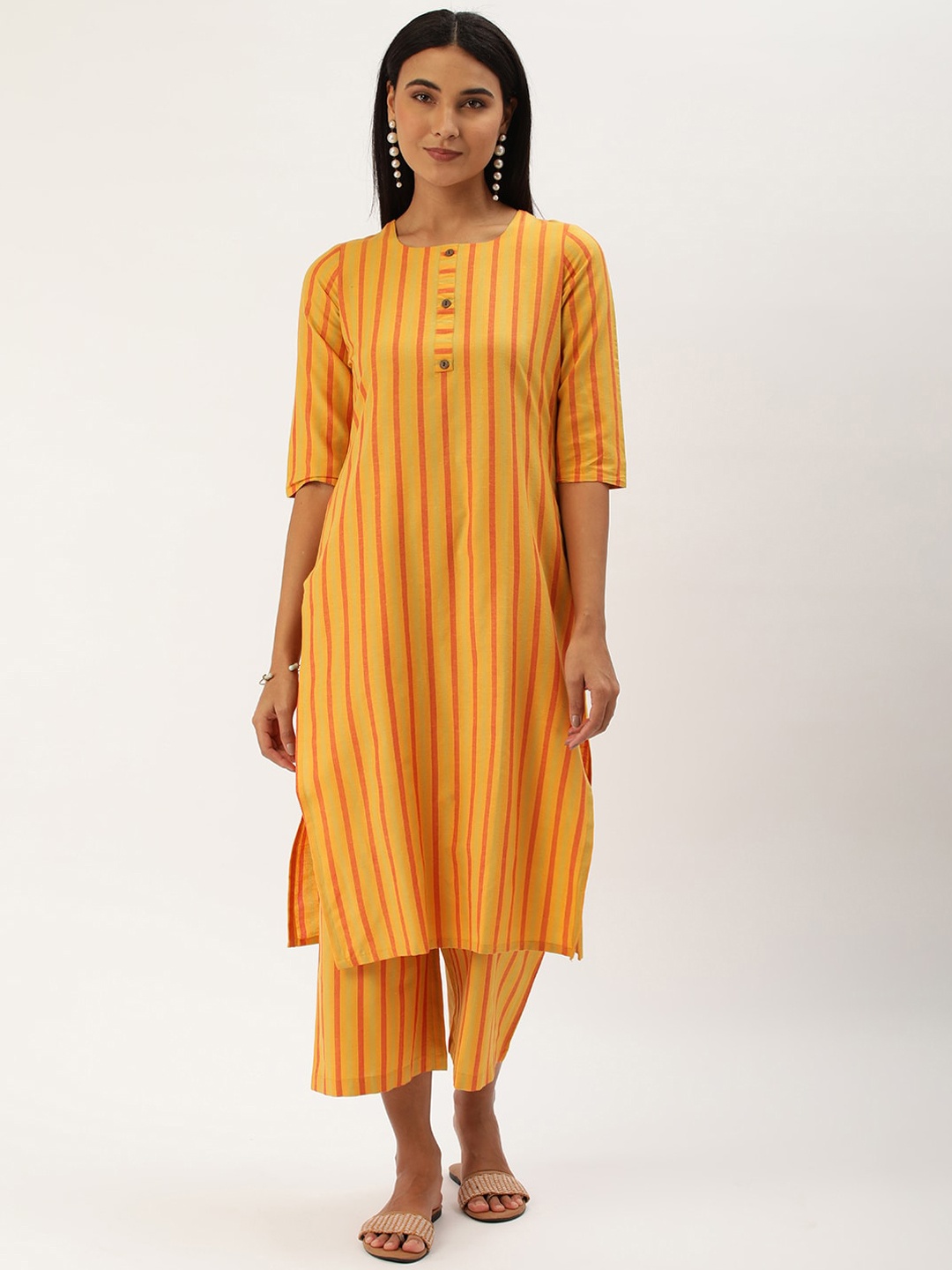 

HRITIKA Striped Kurta With Trousers, Yellow