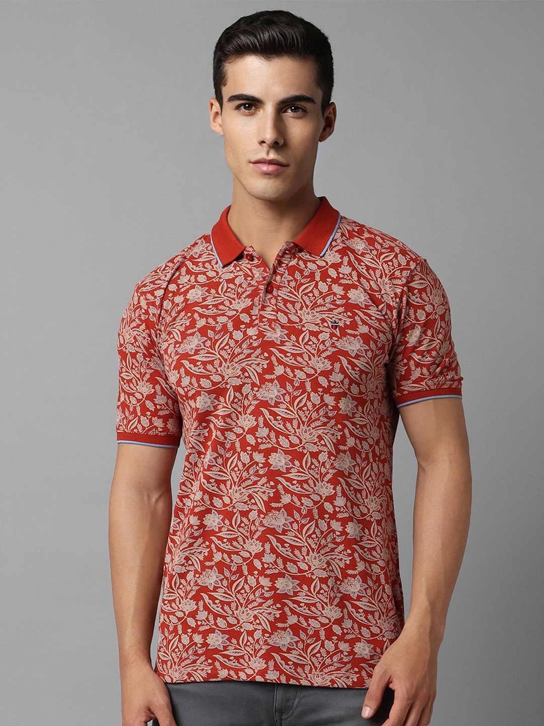 

Louis Philippe Jeans Floral Printed Polo Collar Slim Fit Pure Cotton Casual T-shirt, Orange