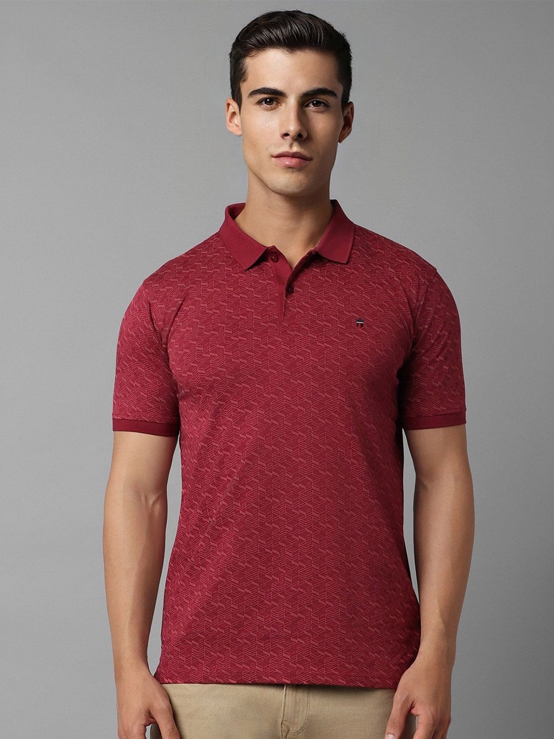 

Louis Philippe Sport Geometric Printed Polo Collar Slim Fit Casual T-shirt, Maroon