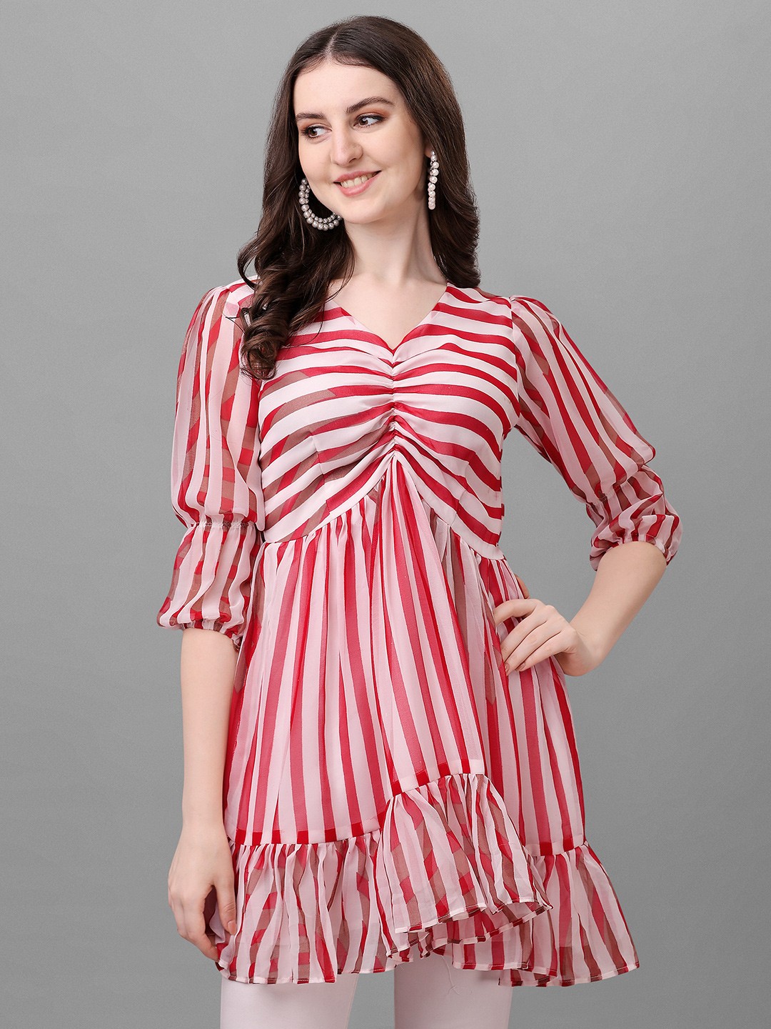 

Fashion2wear Striped V-Neck Puff Sleeve Gathered Georgette A-Line Dress, Red