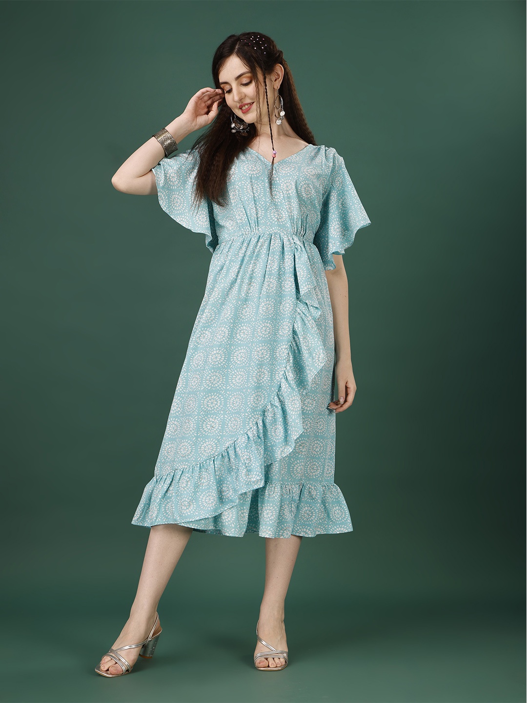 

Fashion2wear Abstract Printed Flared Sleeves A-Line Midi Dress, Blue