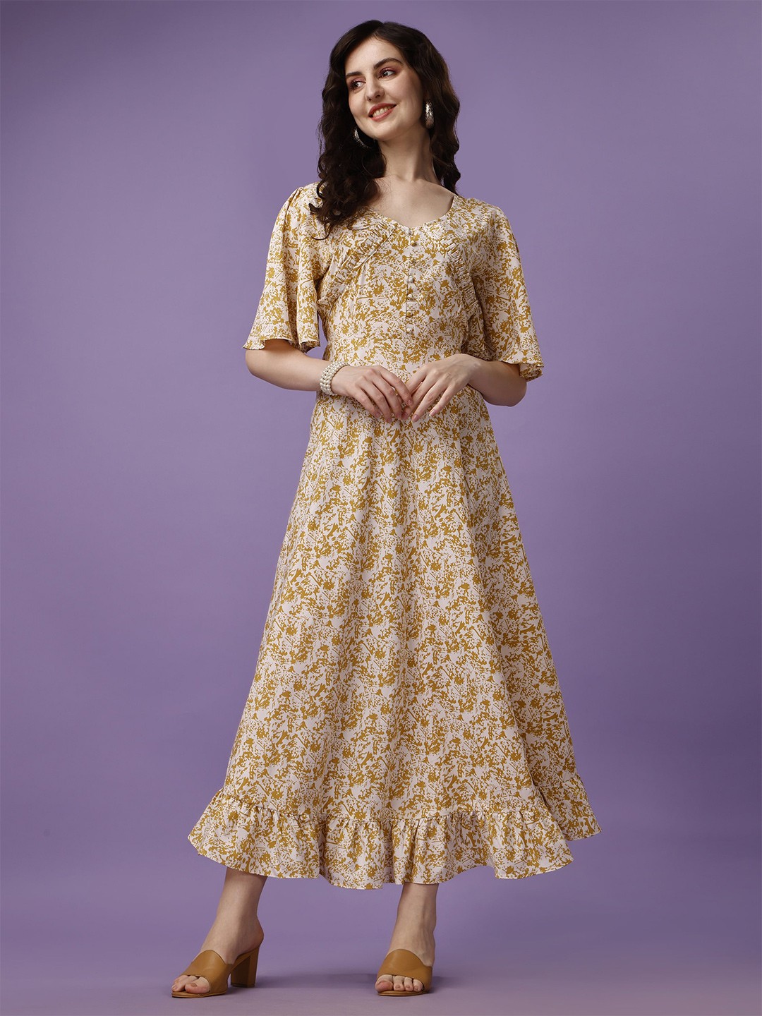 

Fashion2wear Floral Printed V-Neck Flared Sleeve Gathered Georgette Fit & Flare Dress, Yellow