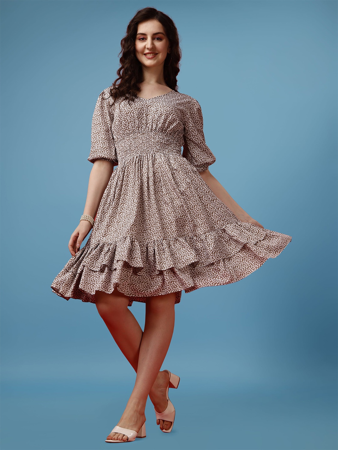

Fashion2wear Abstract Printed V-Neck Smocked Fit & Flare Dress, Brown