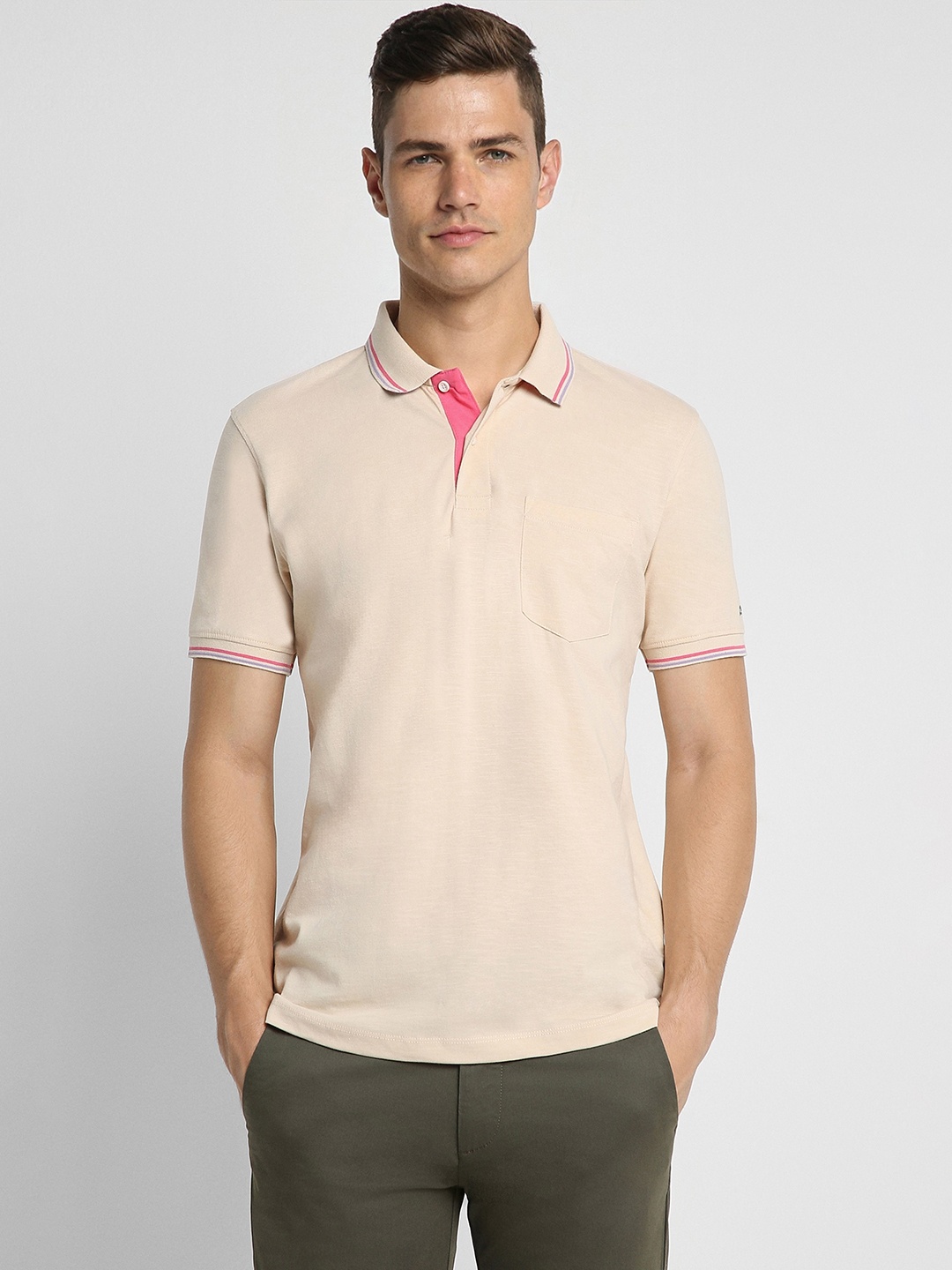 

Peter England Casuals Men Beige Polo Collar Pockets T-shirt
