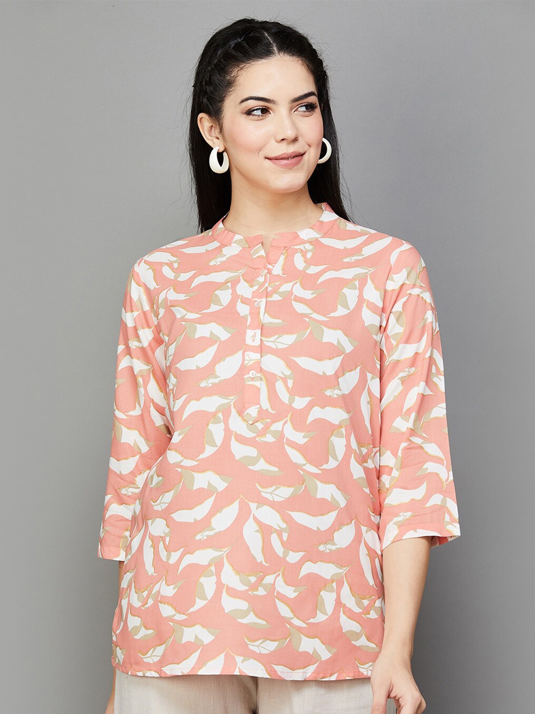 

Melange by Lifestyle Floral Printed Mandarin Collar Kurti, Peach