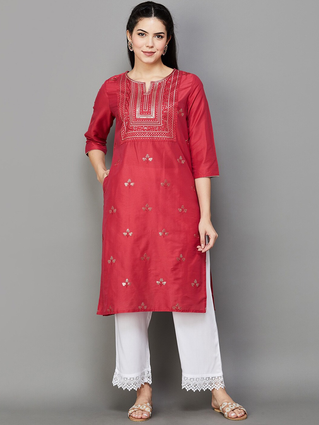 

Melange by Lifestyle Floral Embroidered Thread Work Kurta, Pink
