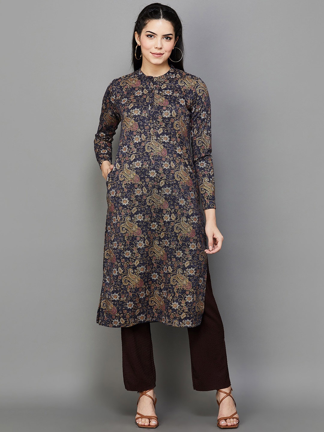

Melange by Lifestyle Floral Printed Mandarin Collar Straight Kurta, Navy blue