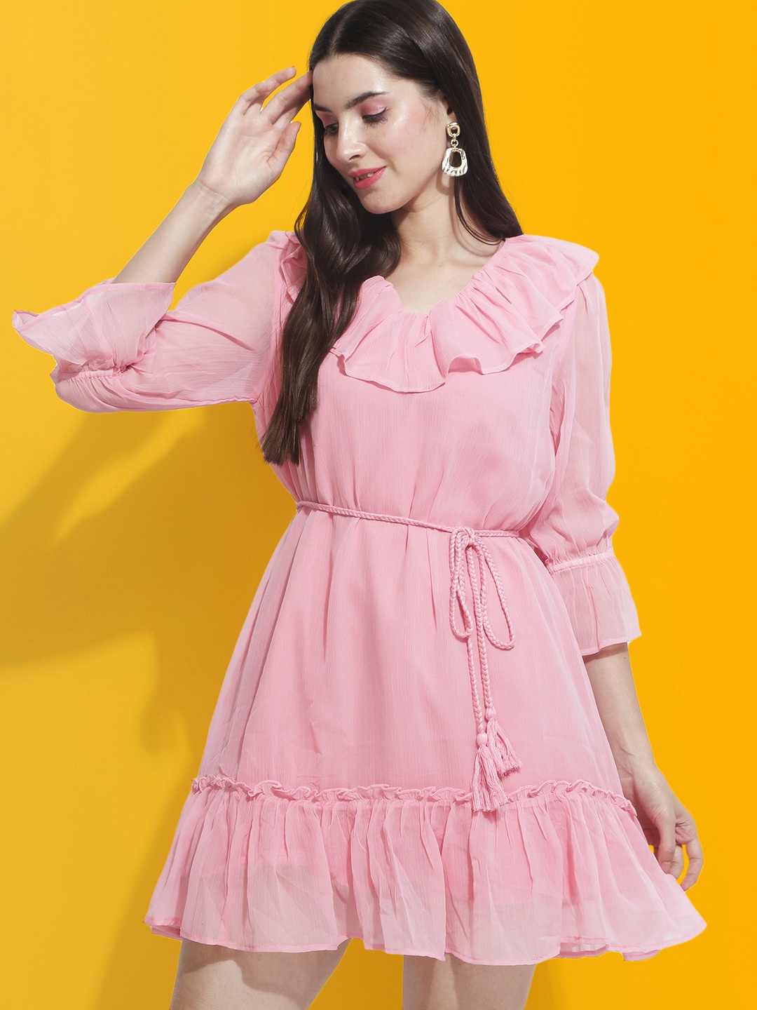 

Mast & Harbour Pink Puff Sleeves Ruffled Fit & Flare Dress