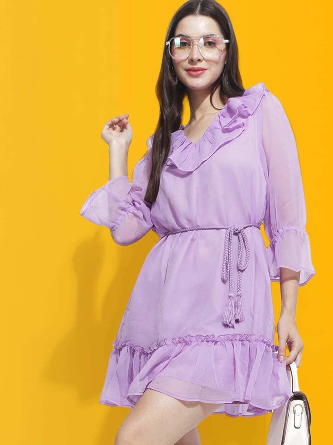 

Mast & Harbour Purple Bell Sleeves Ruffles A-Line Dress