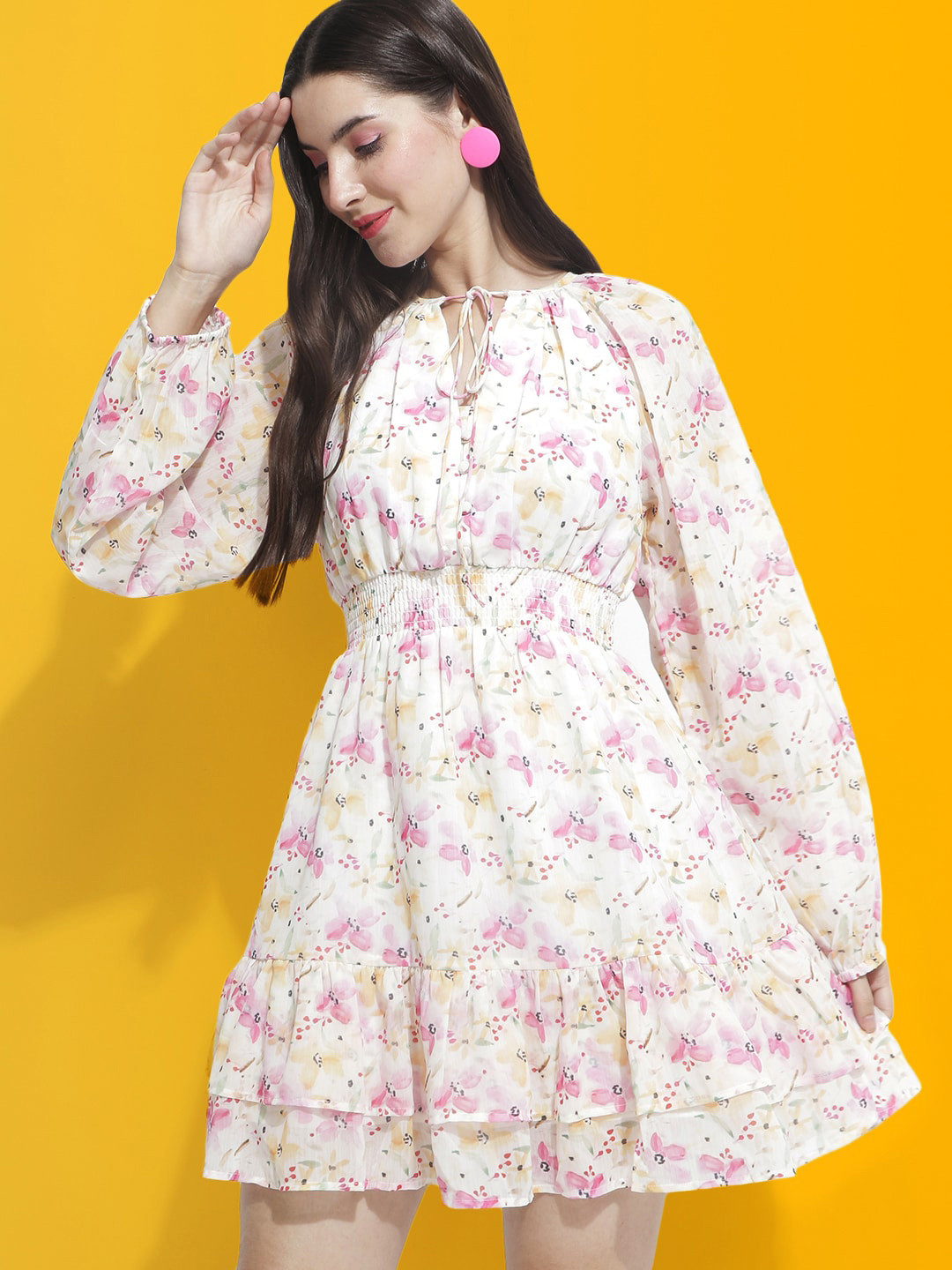

Mast & Harbour White Floral Printed Tie-Up Neck Smocked Puffed Sleeves Fit & Flare Dress