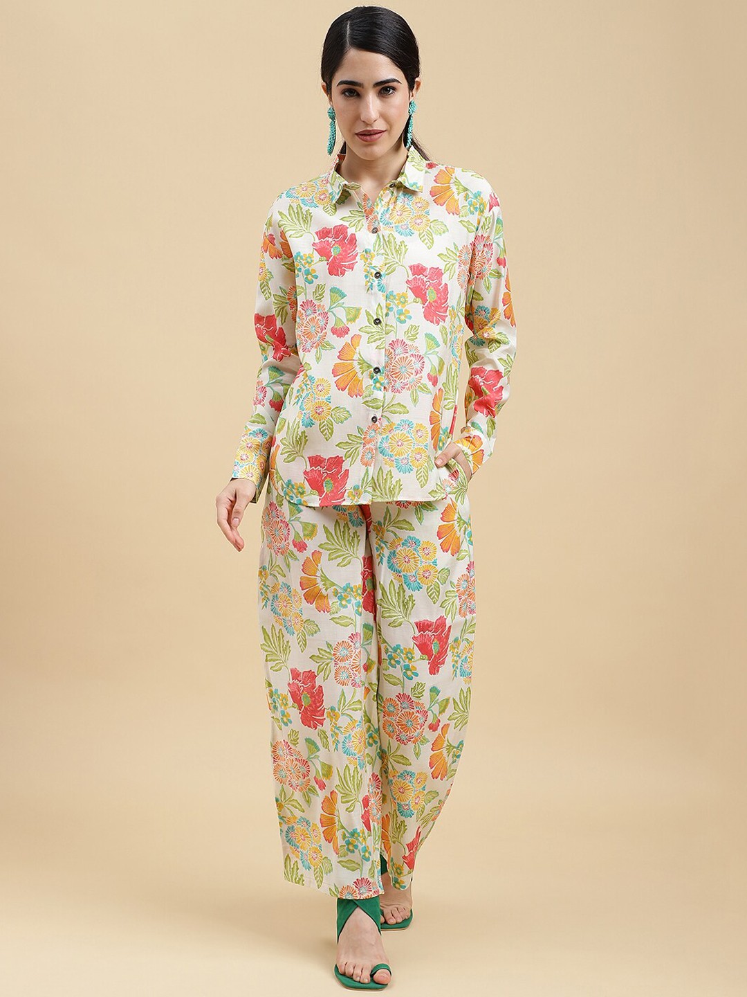 

J Turritopsis Floral Printed Shirt Collar Long Sleeves Shirt & Palazzo, White