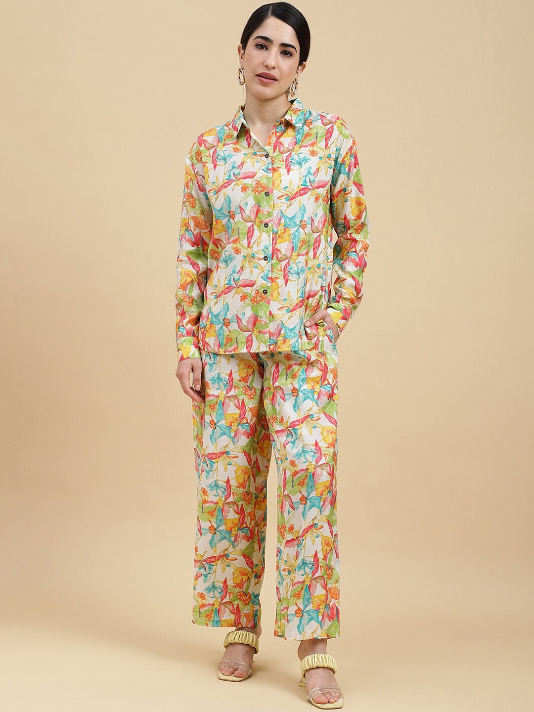 

J Turritopsis Floral Printed Shirt Collar Long Sleeves Shirt & Palazzo, White