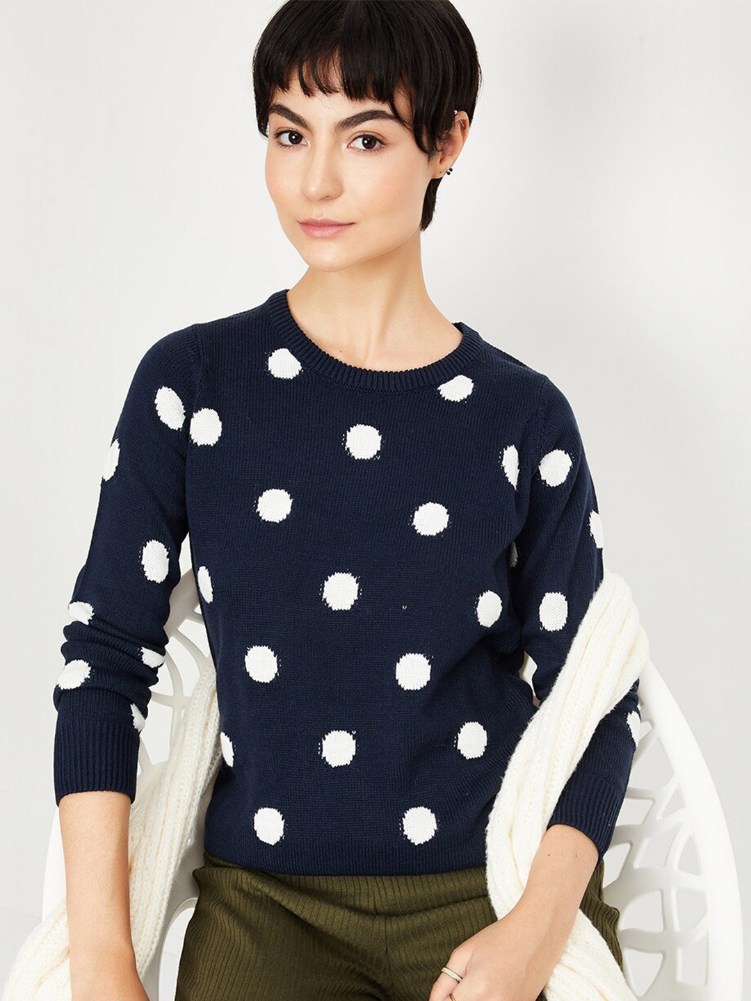 

max Polka Dot Printed Round Neck Acrylic Pullover, Navy blue