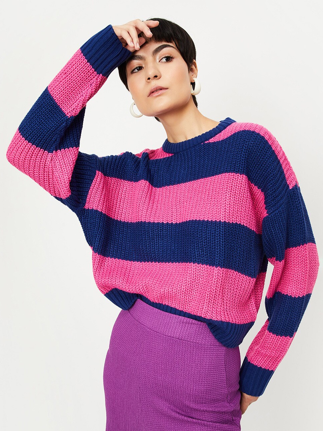 

max Striped Acrylic Pullover, Navy blue
