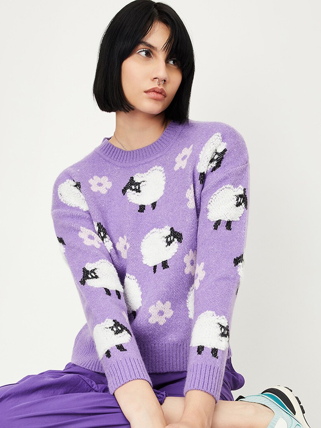 

max Conversational Printed Acrylic Pullover Sweater, Purple