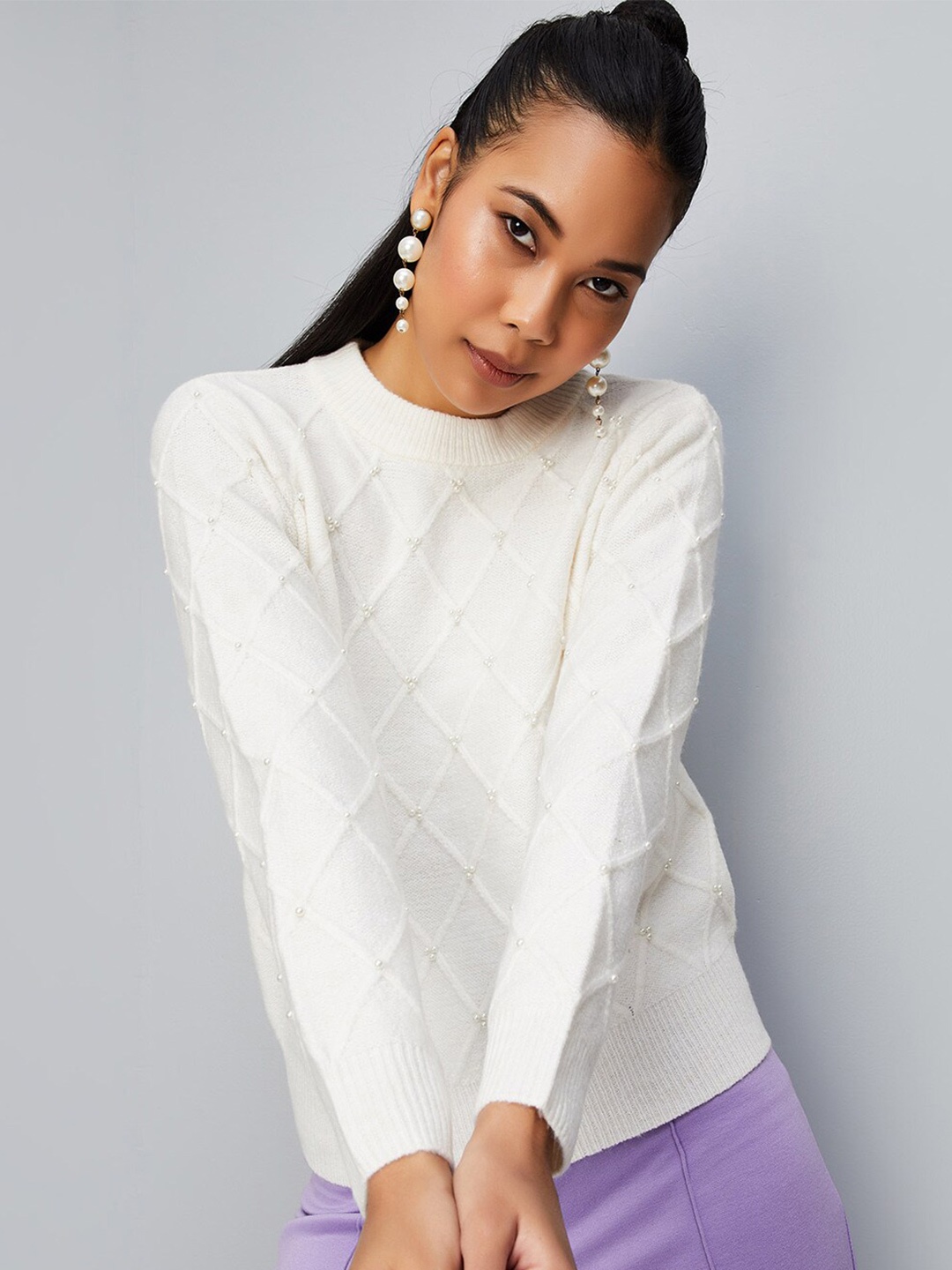 

max Embellished Cable Knit Acrylic Pullover, White