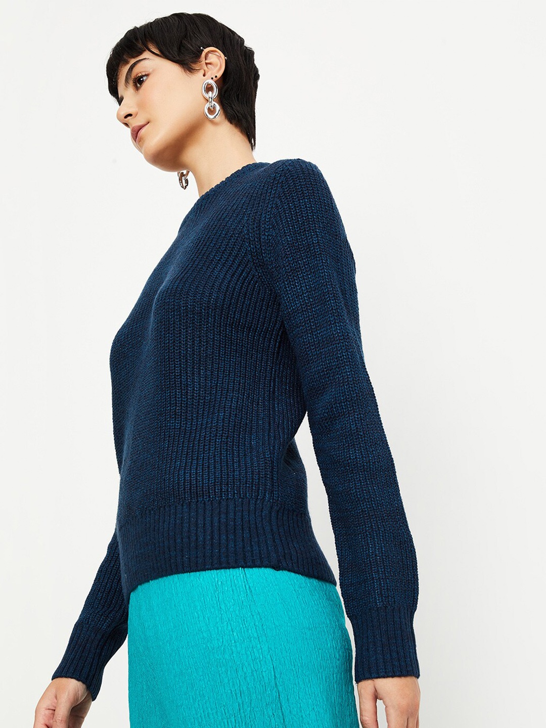 

max Cable Knit Round Neck Acrylic Pullover, Teal