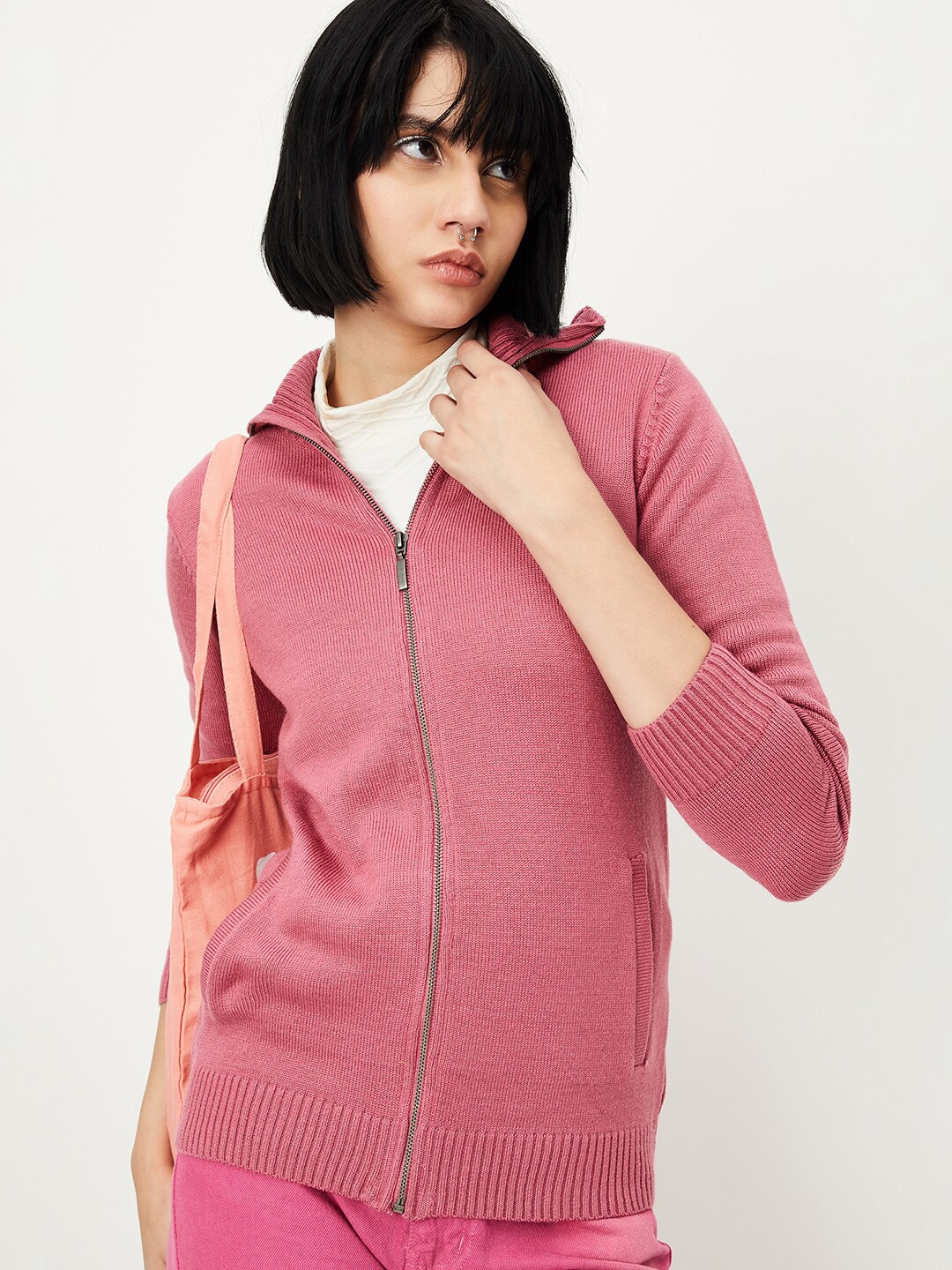

max Mock Collar Acrylic Cardigan, Pink