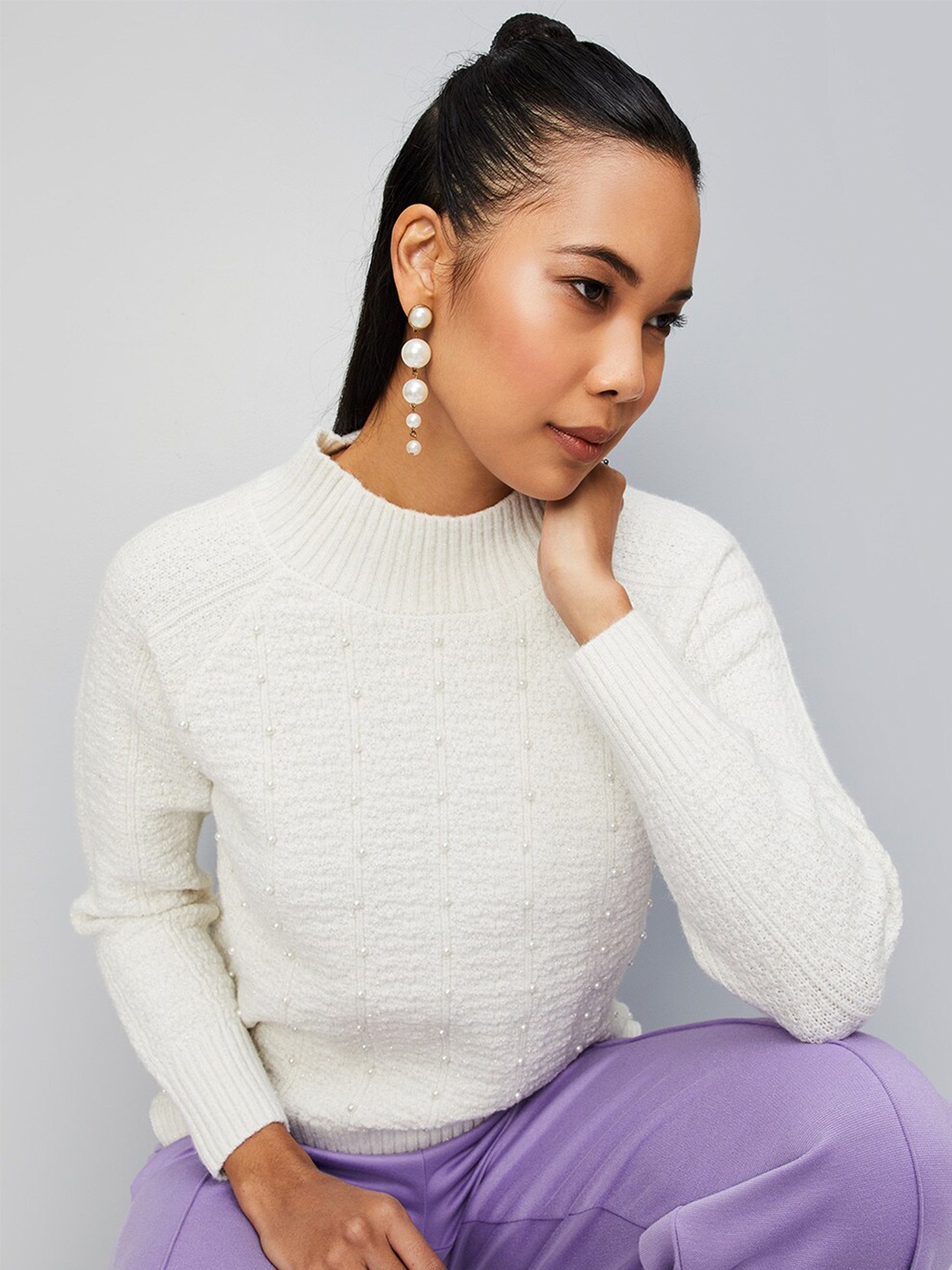 

max Striped Pullover With Embellished Acrylic Detail, White