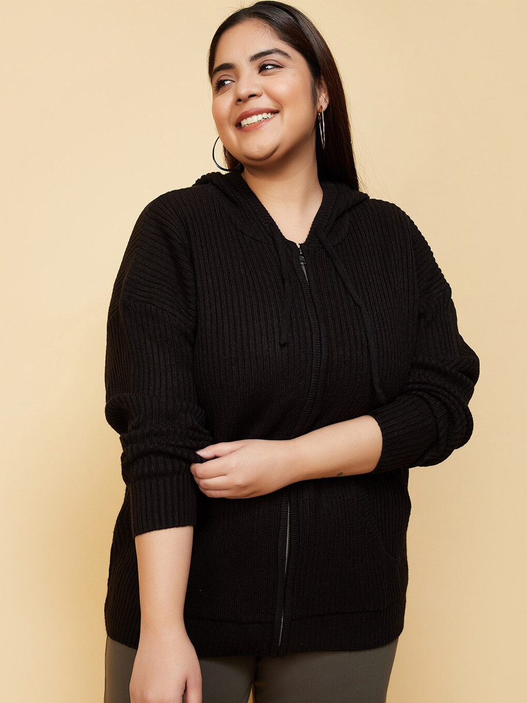 

max Plus Size Ribbed Hooded Acrylic Cardigan Sweater, Black