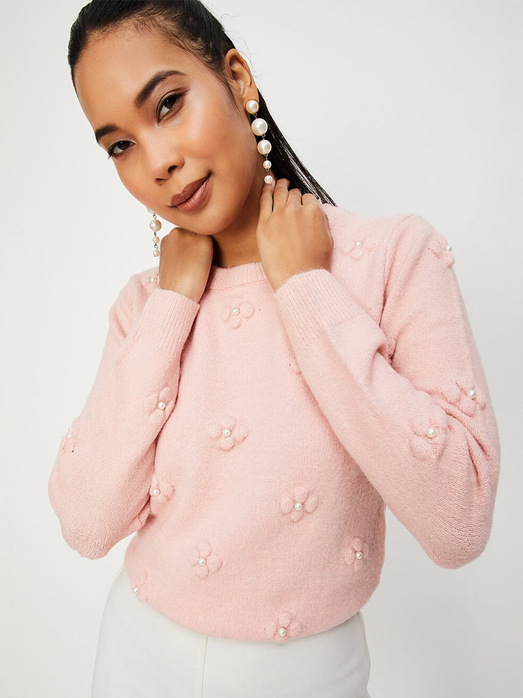 

max Cable Knit Embellished Acrylic Pullover, Pink