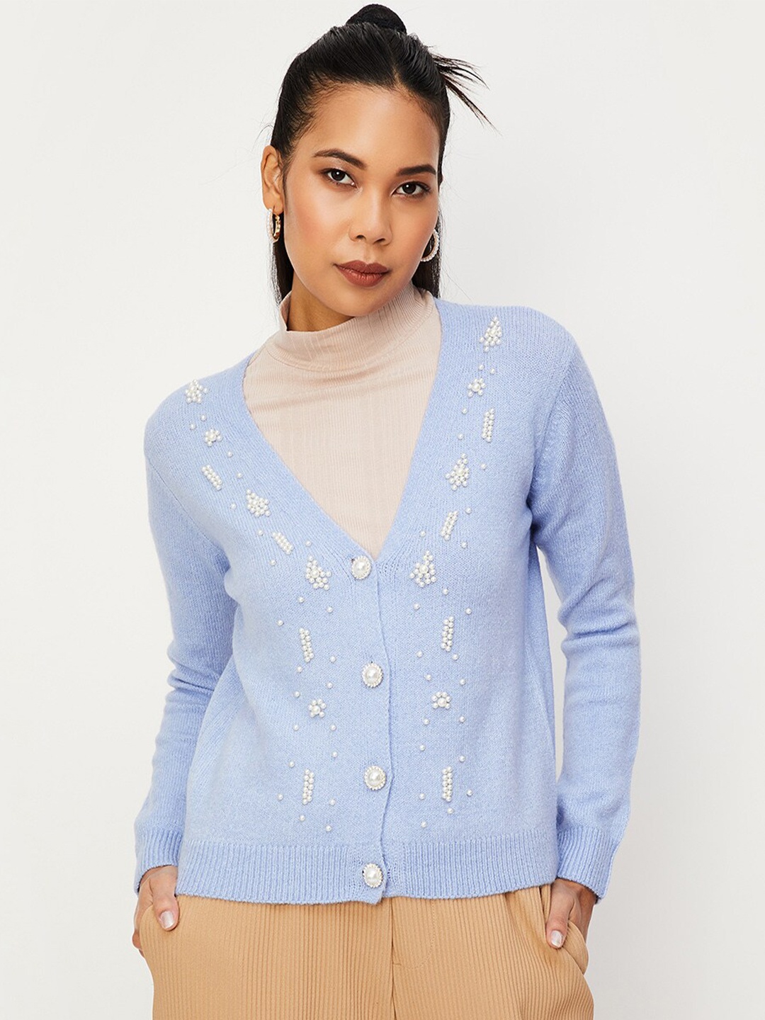 

max Embellished V-Neck Acrylic Cardigan, Blue