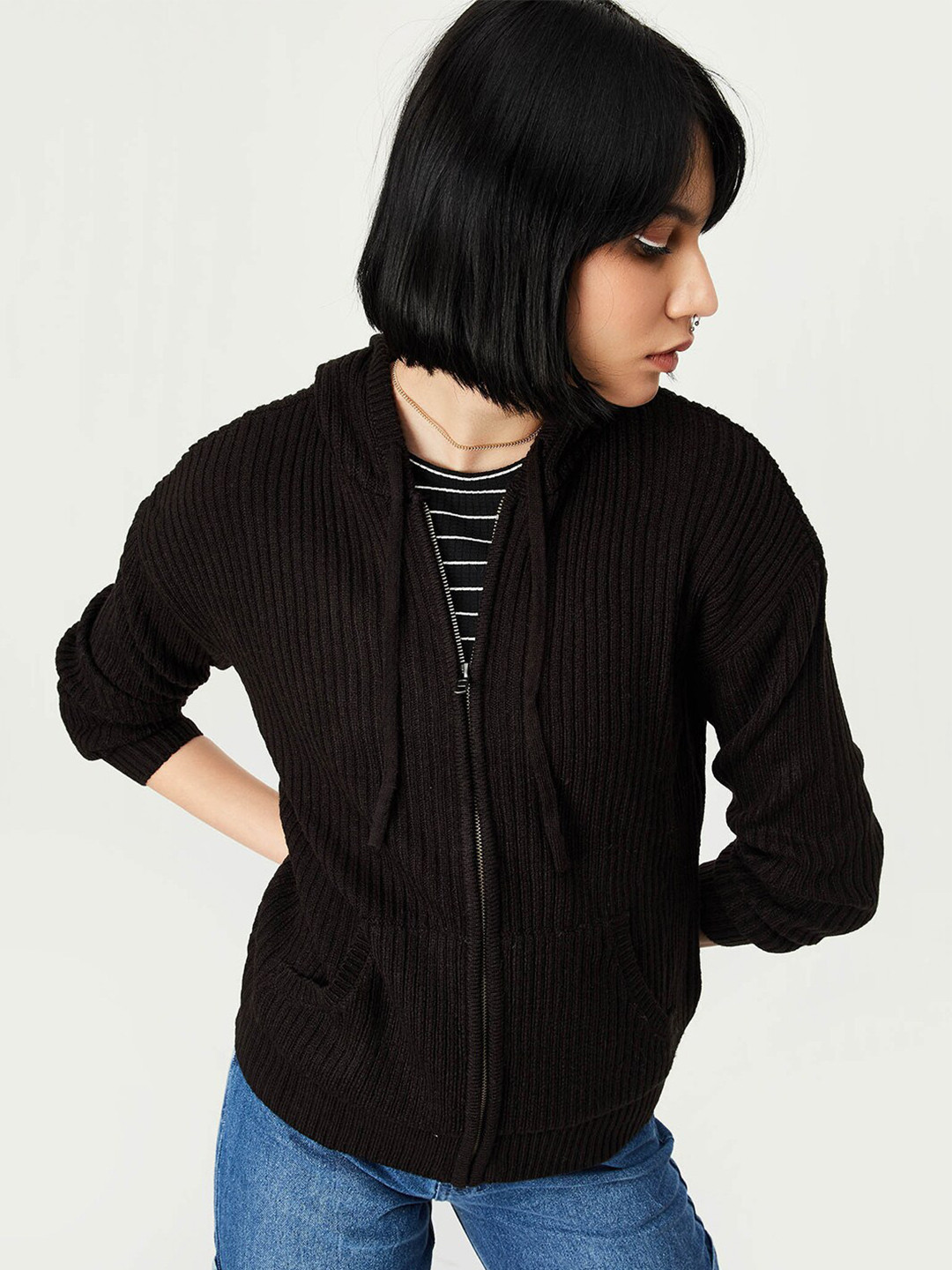 

max Striped Hooded Acrylic Cardigan, Black