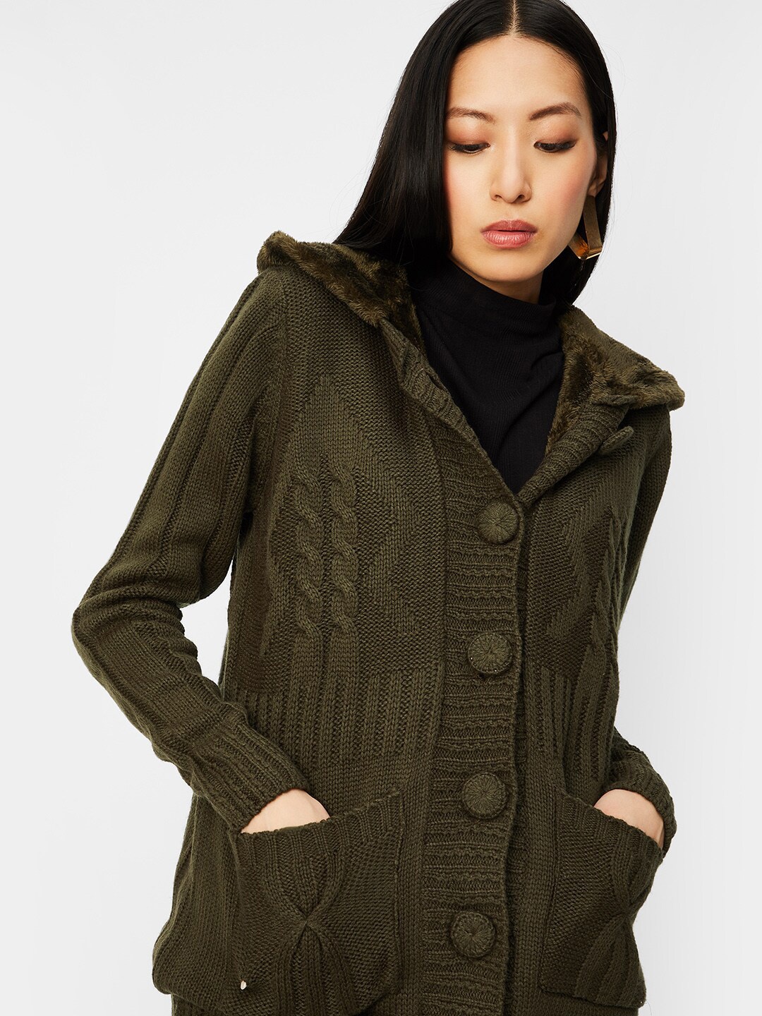 

max Cable Knit Hooded Acrylic Cardigan, Olive