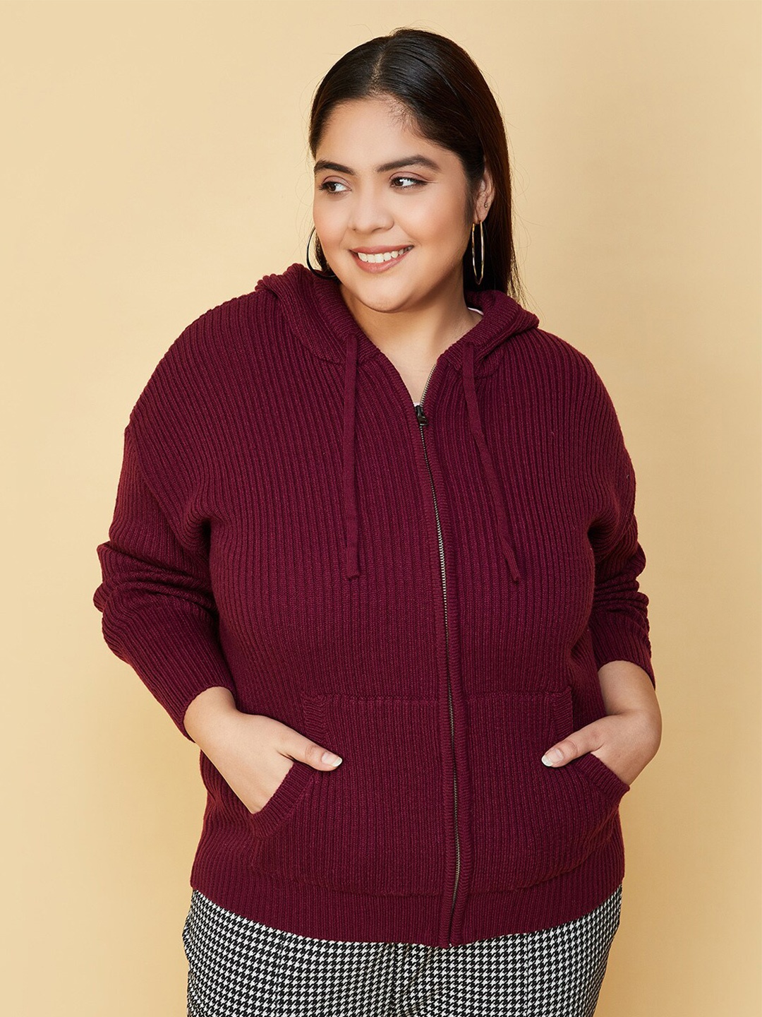 

max Hooded Ribbed Acrylic Cardigan, Magenta