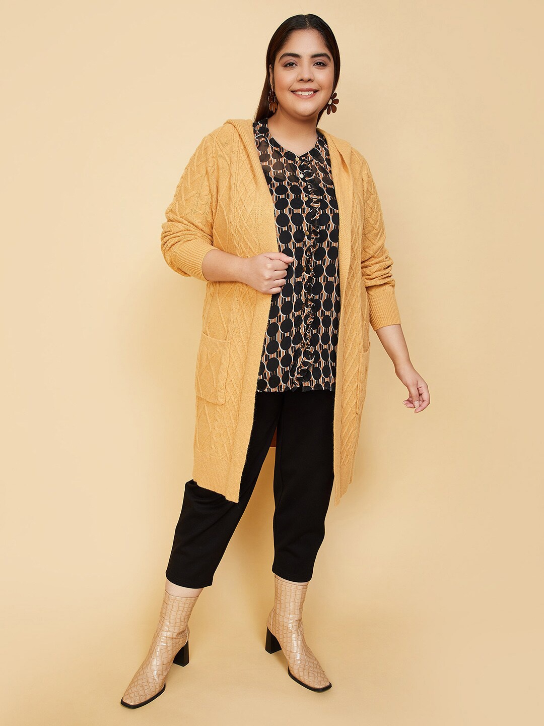 

max Cable Knit Hooded Longline Acrylic Front-Open Sweater, Mustard
