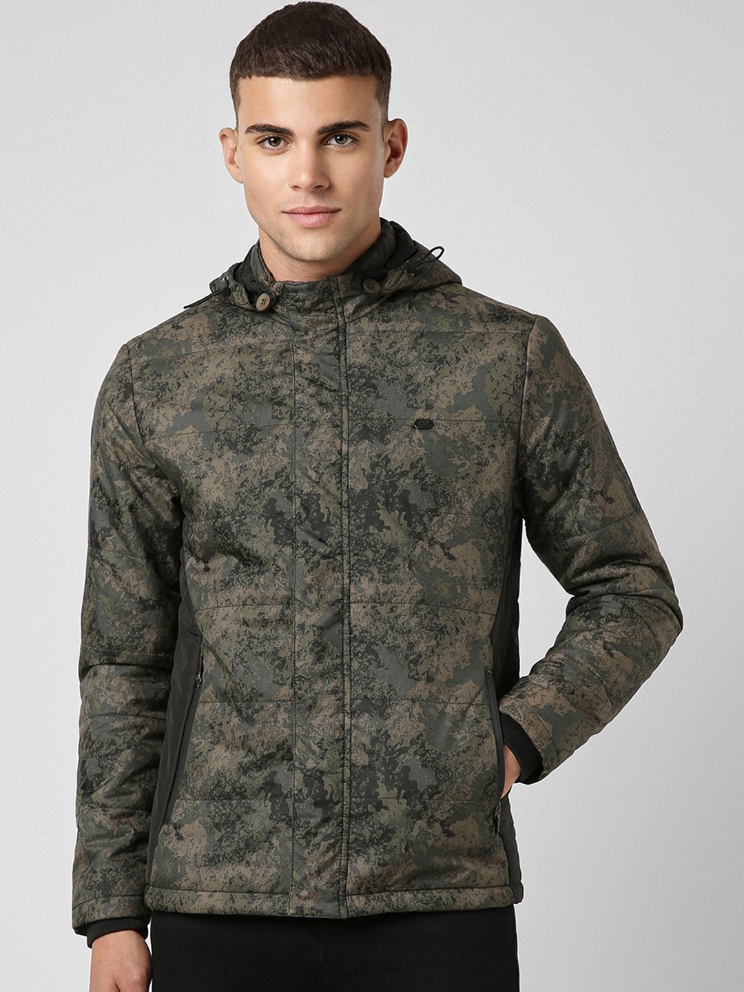 

Peter England Casuals Printed Hooded Bomber Jacket, Green
