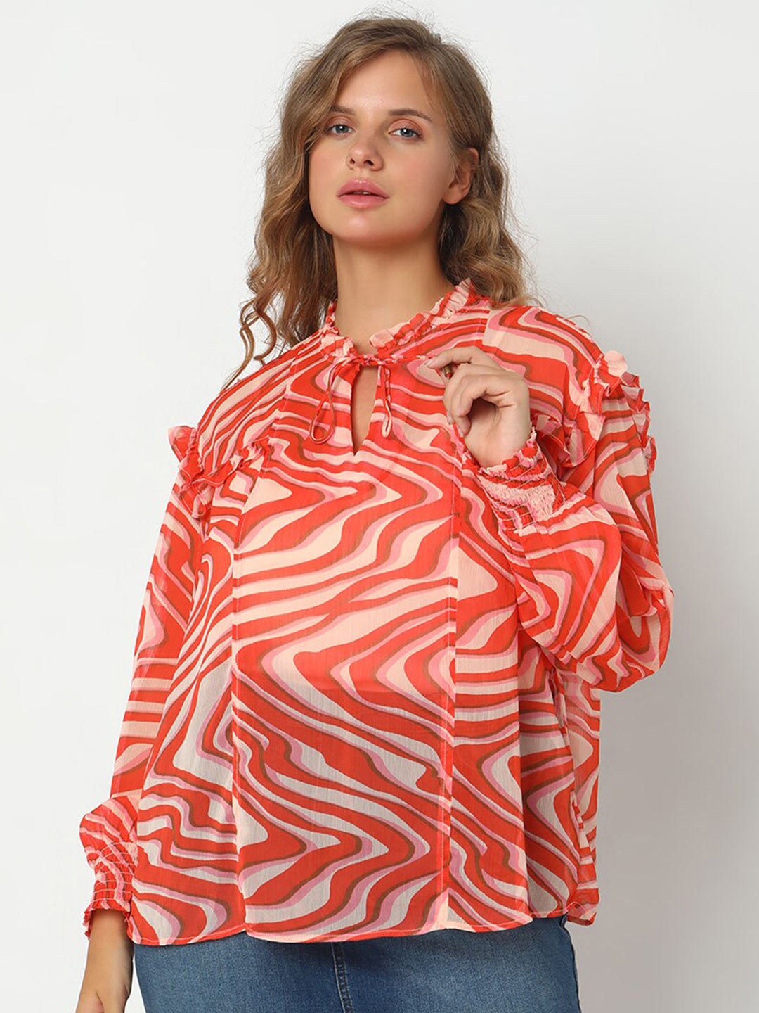 

Vero Moda Abstract Printed Tie-Up Neck Ruffles Top, Coral