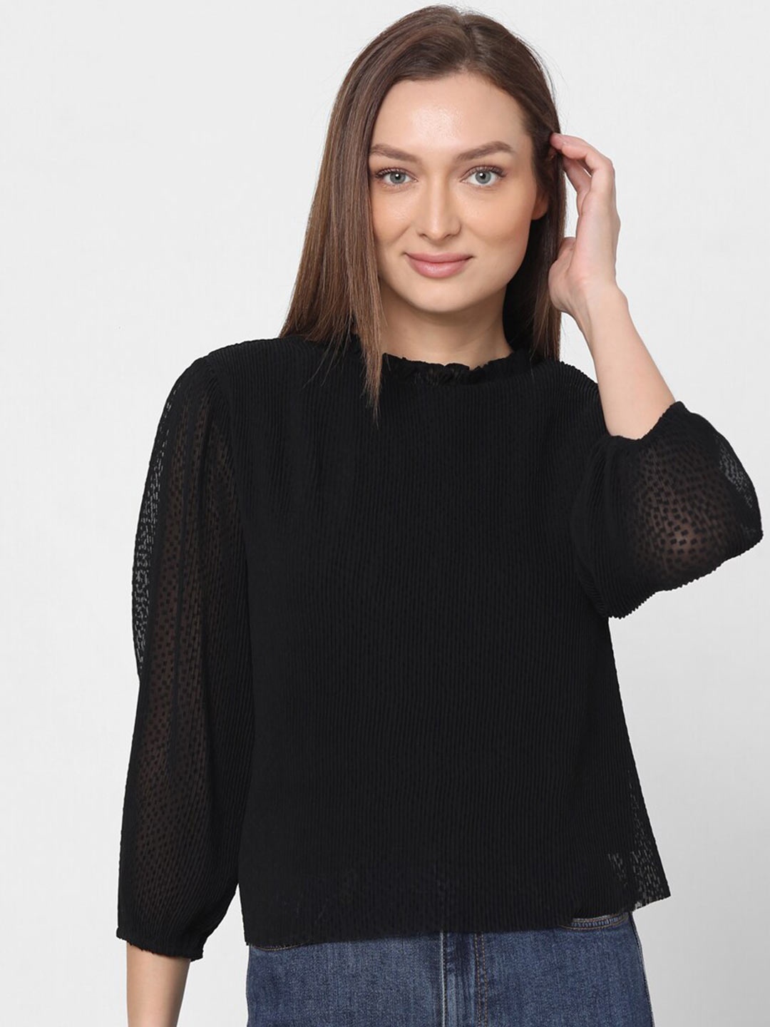 

Vero Moda Self Design Round Neck Puff Sleeves Top, Black