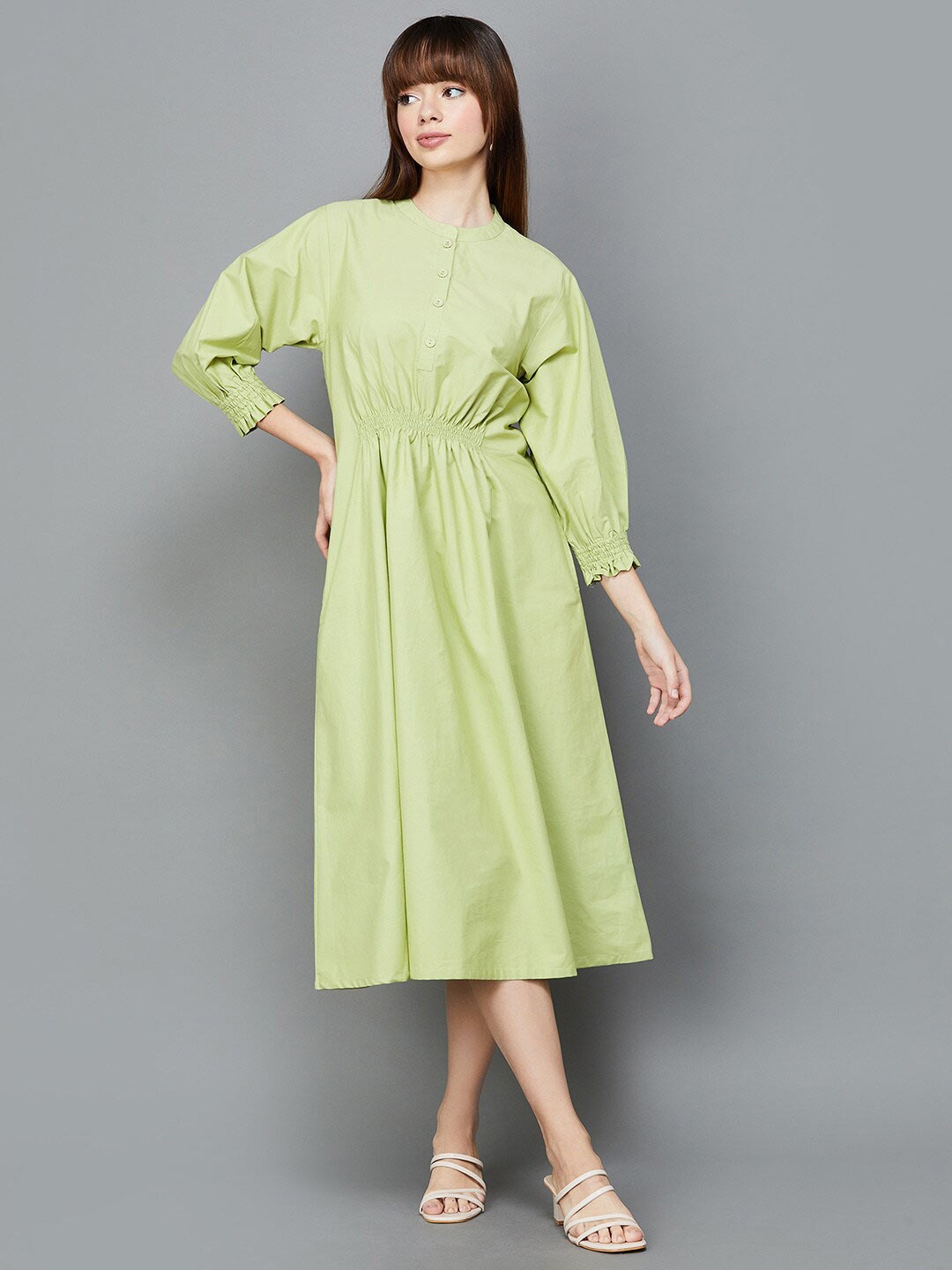 

Colour Me by Melange Puff Sleeves Midi A-Line Dress, Green