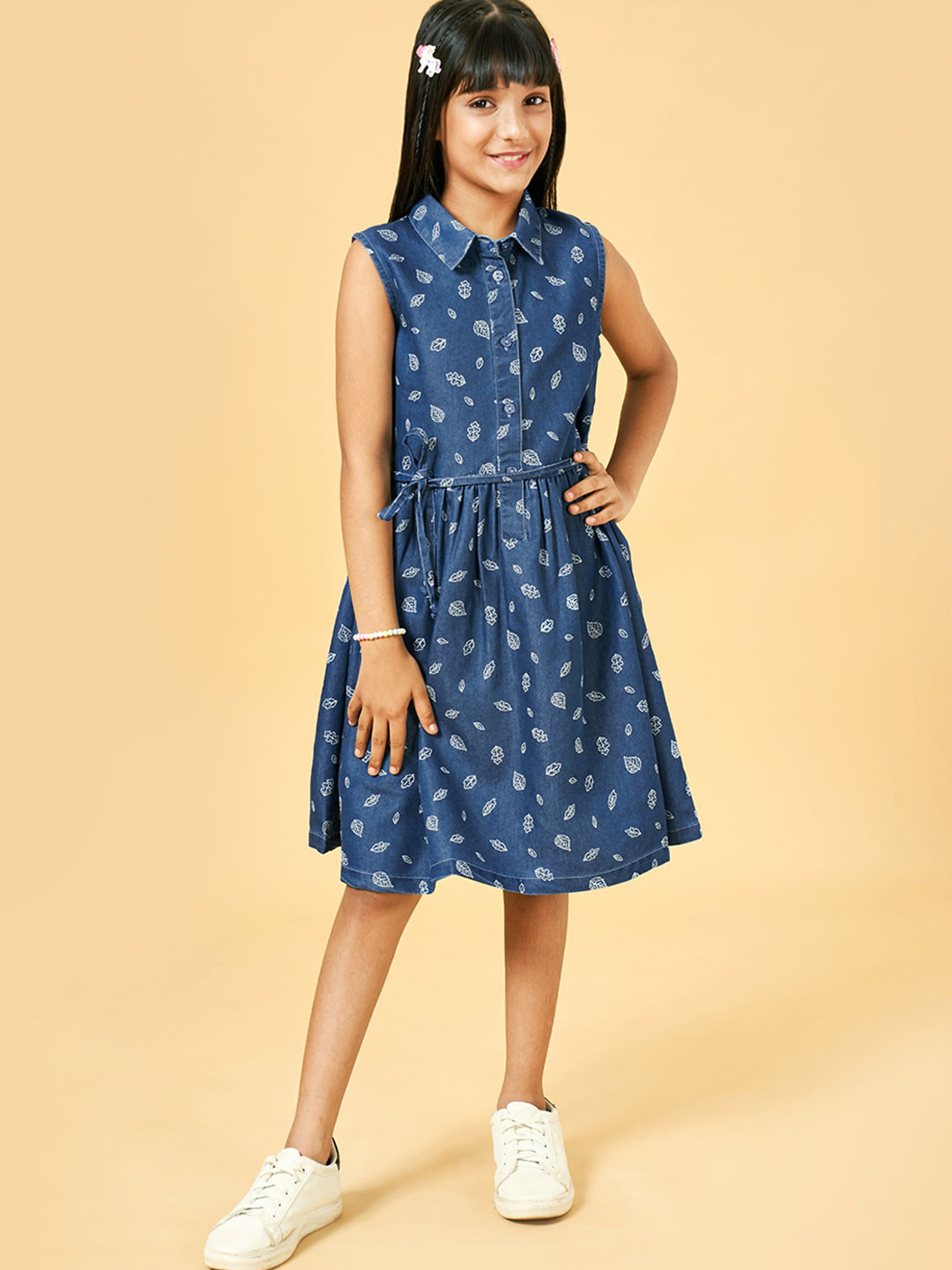 

YU by Pantaloons Girls Floral Printed Sleeveless Pure Cotton Shirt Style Dress, Navy blue