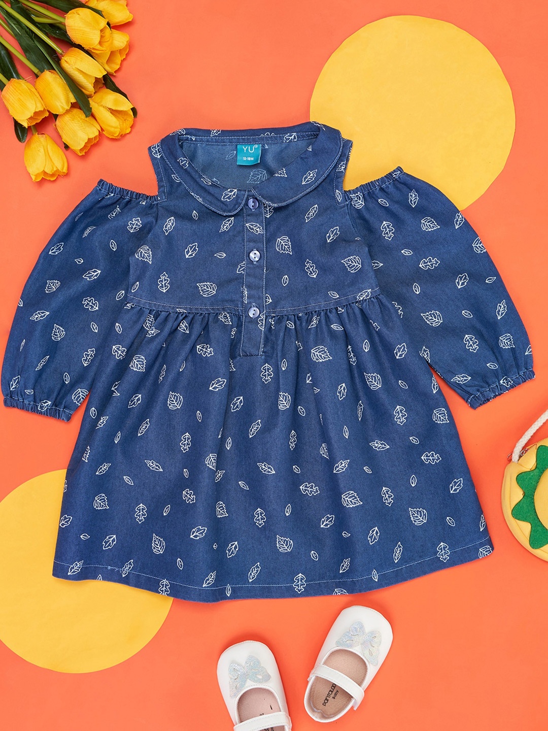 

YU by Pantaloons Girls Floral Printed Pure Cotton Cold-Shoulder A-Line Dress, Blue