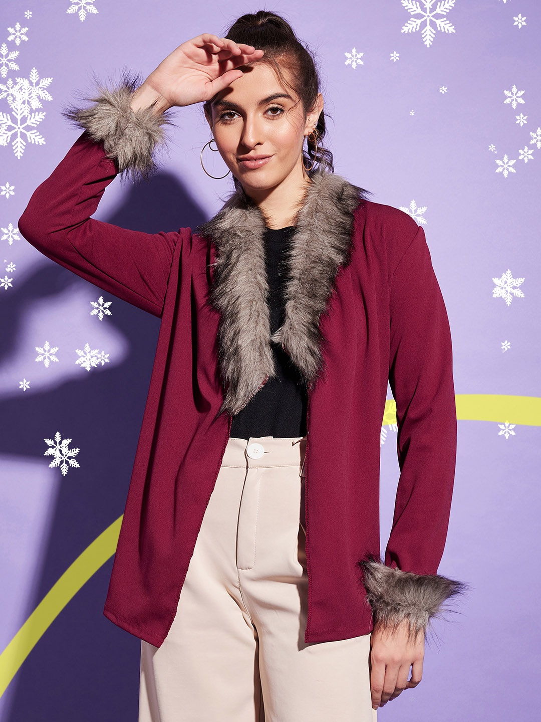 

BUY NEW TREND Faux Fur Trim Open Front Shrug, Maroon