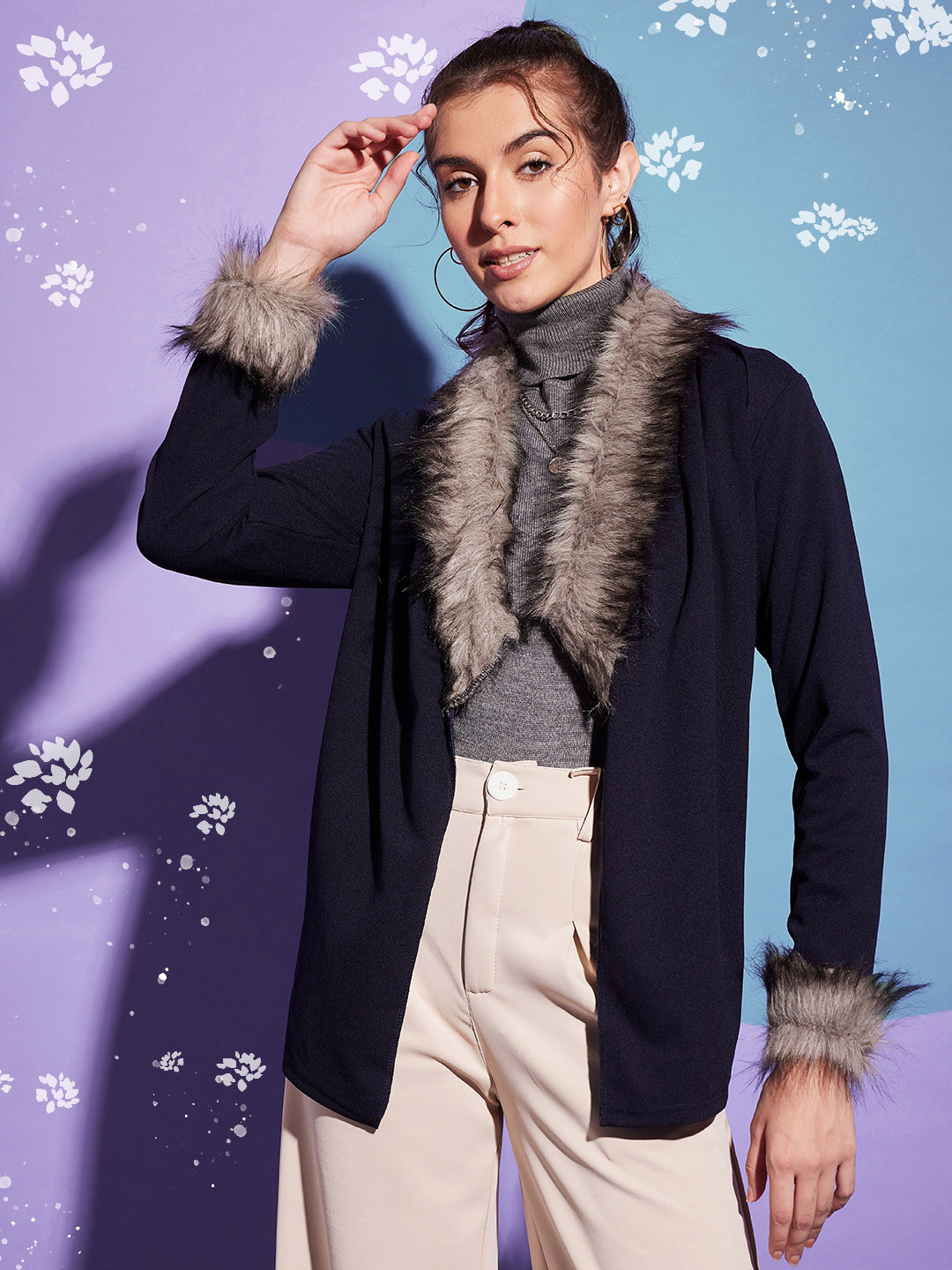 

BUY NEW TREND Faux Fur Detailed Winter Open Front Shrug, Navy blue