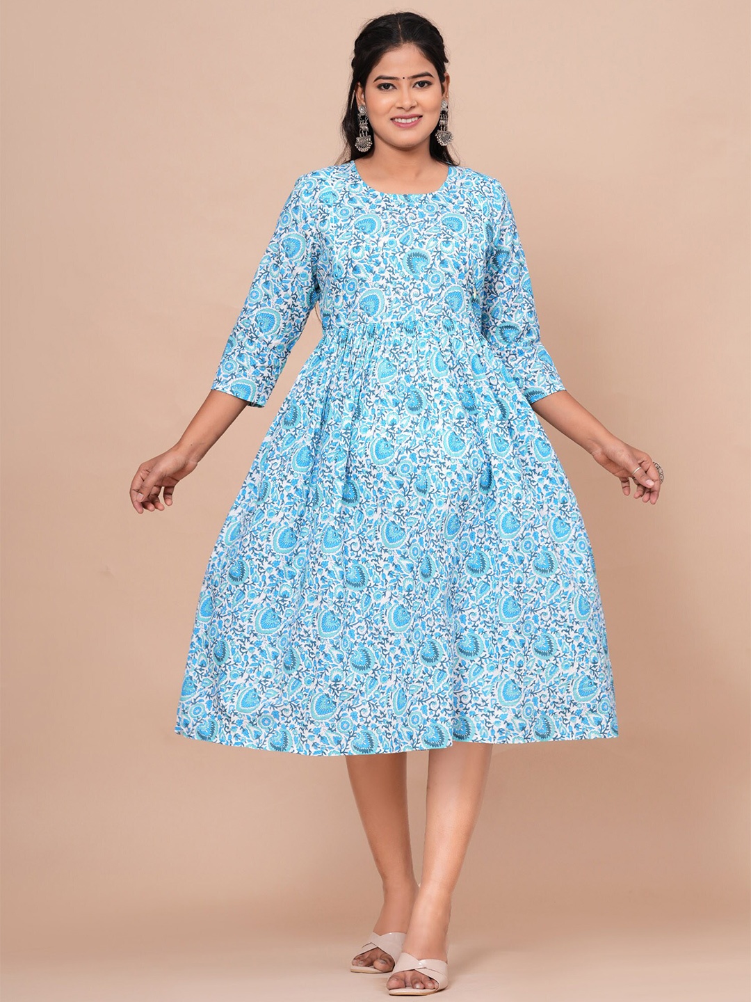 

PREKSHA Floral Printed Cotton Maternity Midi Ethnic Dress, Blue