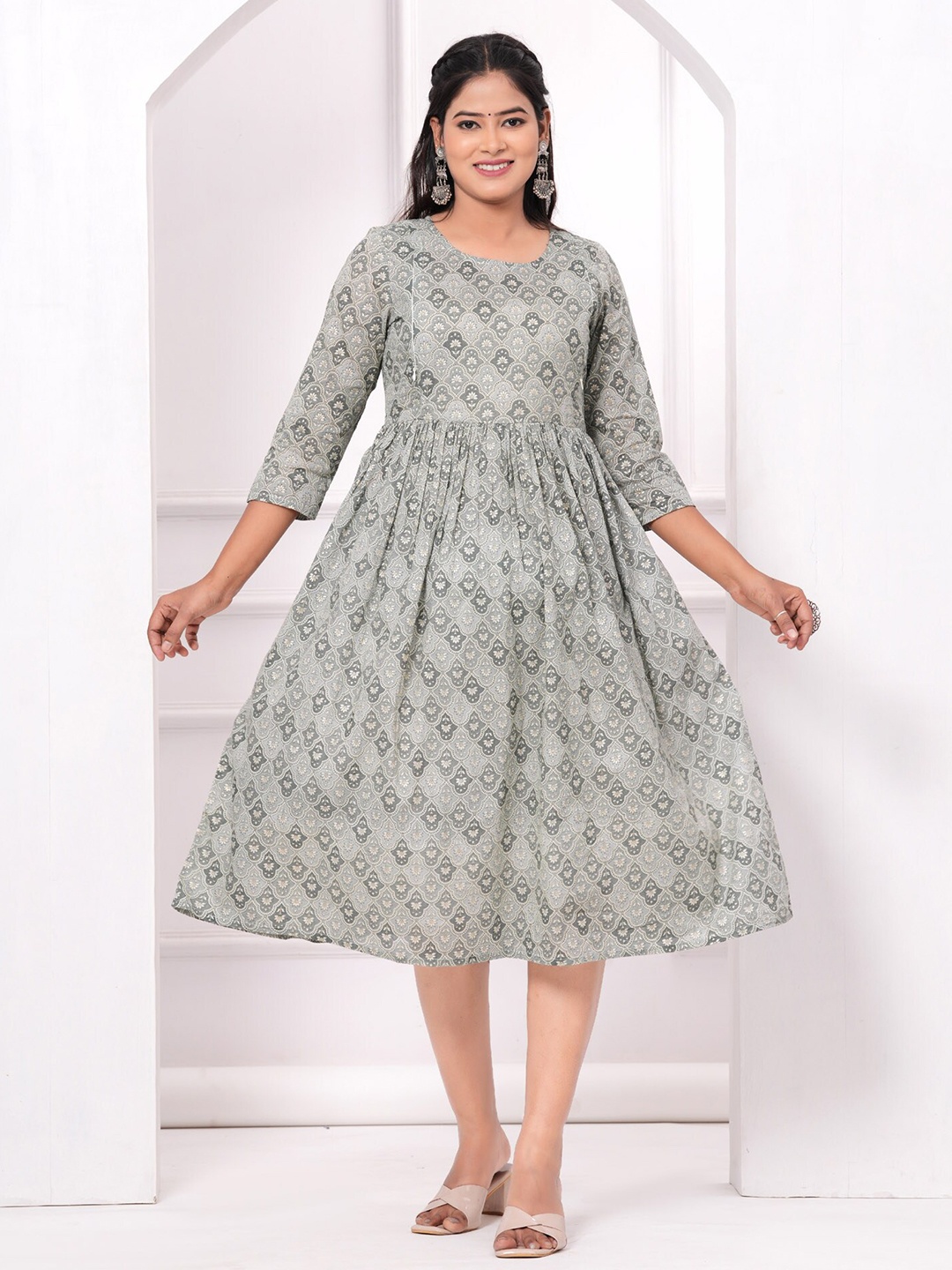 

PREKSHA Ethnic Motifs Printed Cotton Maternity Ethnic Dress, Grey