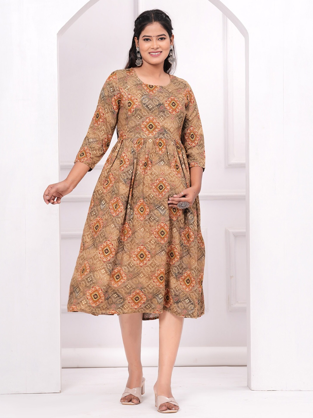 

PREKSHA Ethnic Motifs Printed Maternity Ethnic Dress, Beige