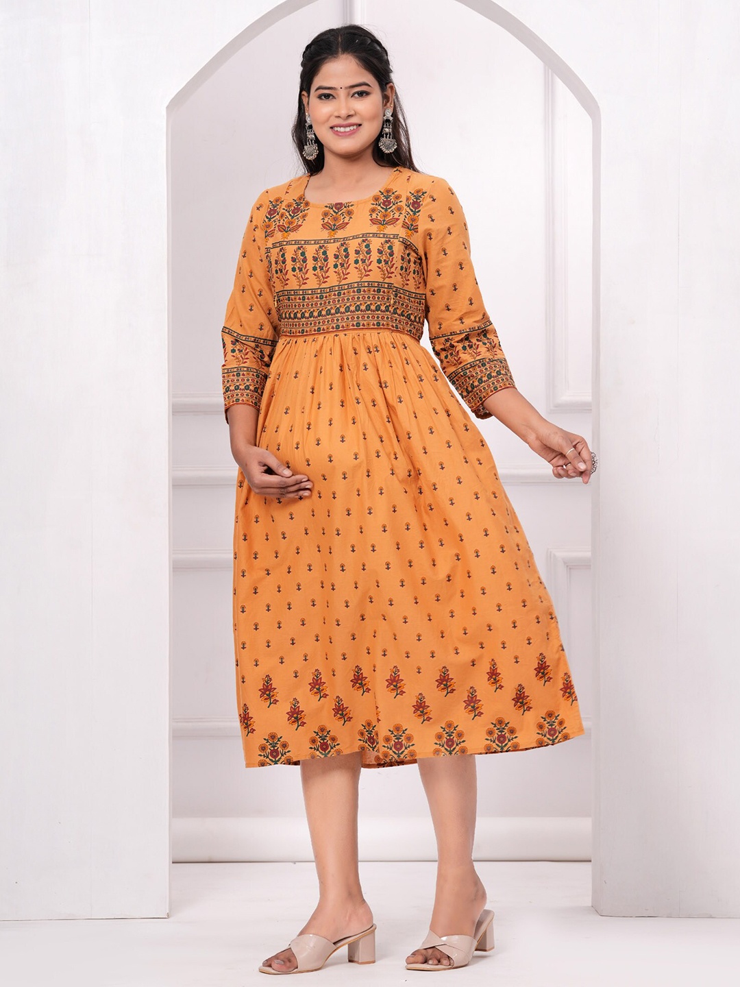 

PREKSHA Ethnic Motifs Printed Pure Cotton Maternity Midi Ethnic Dress, Beige