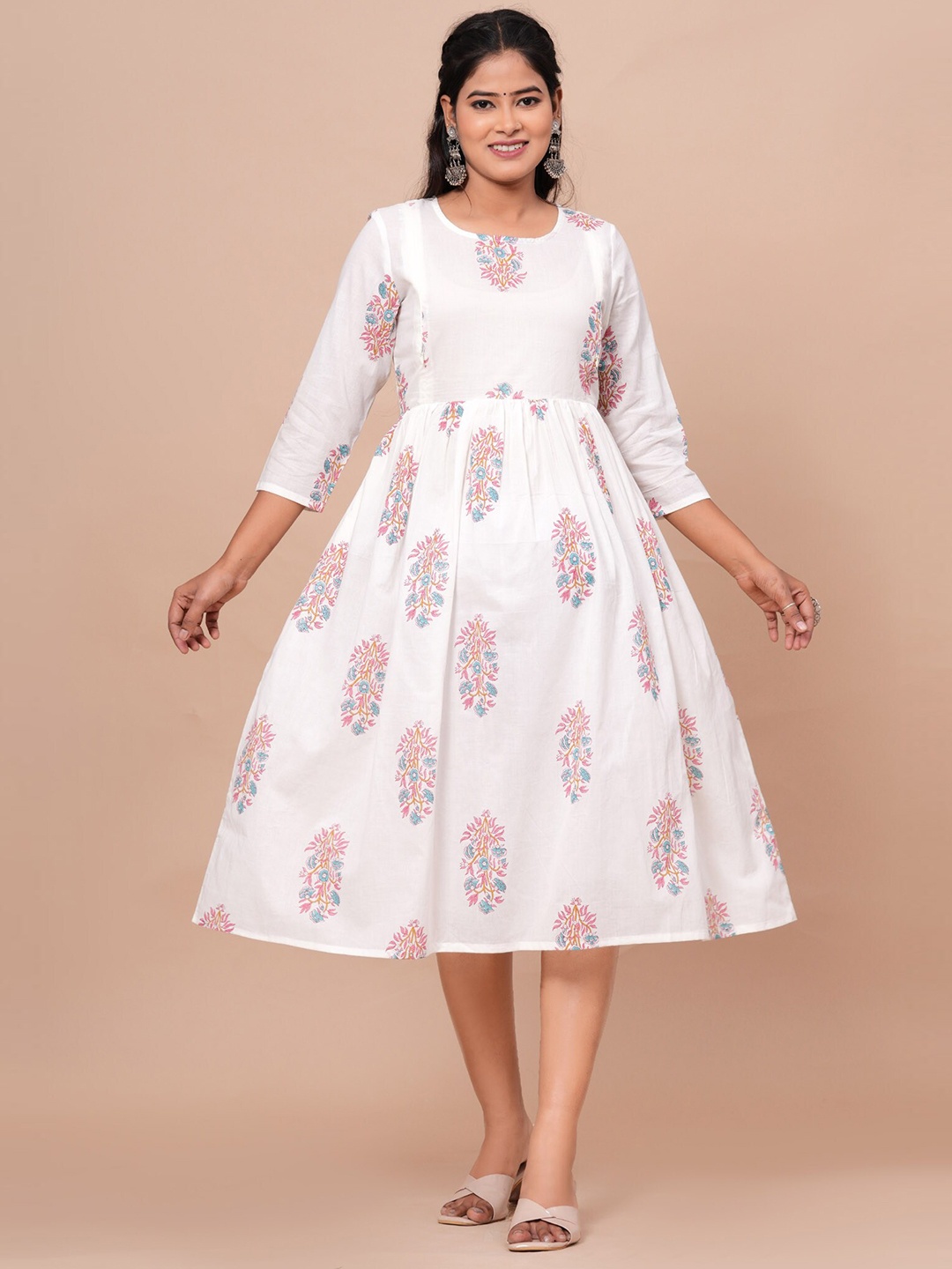 

PREKSHA Ethnic Motifs Printed Cotton Maternity Ethnic Dress, White
