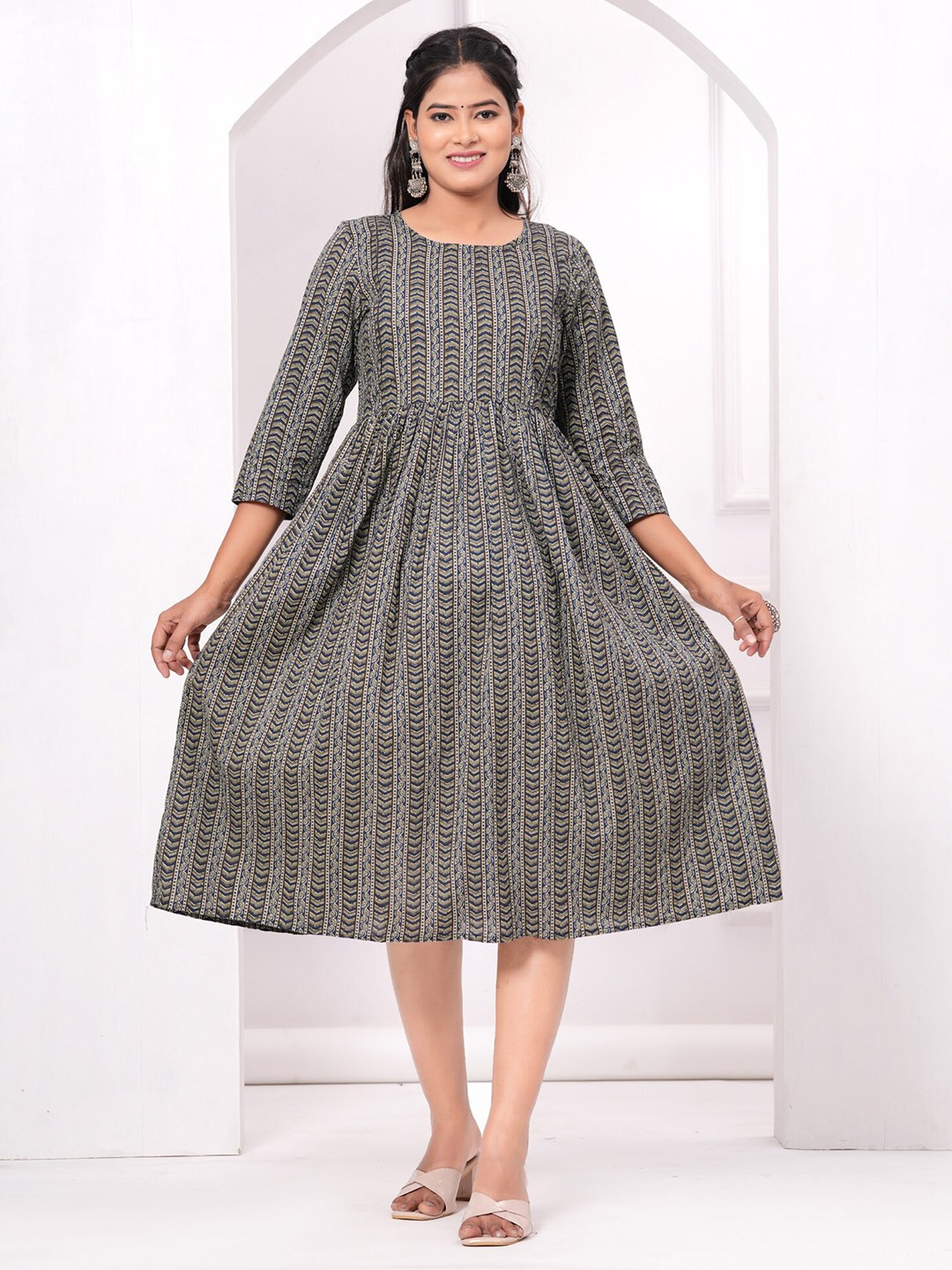 

PREKSHA Striped Maternity Midi Ethnic Dress, Grey